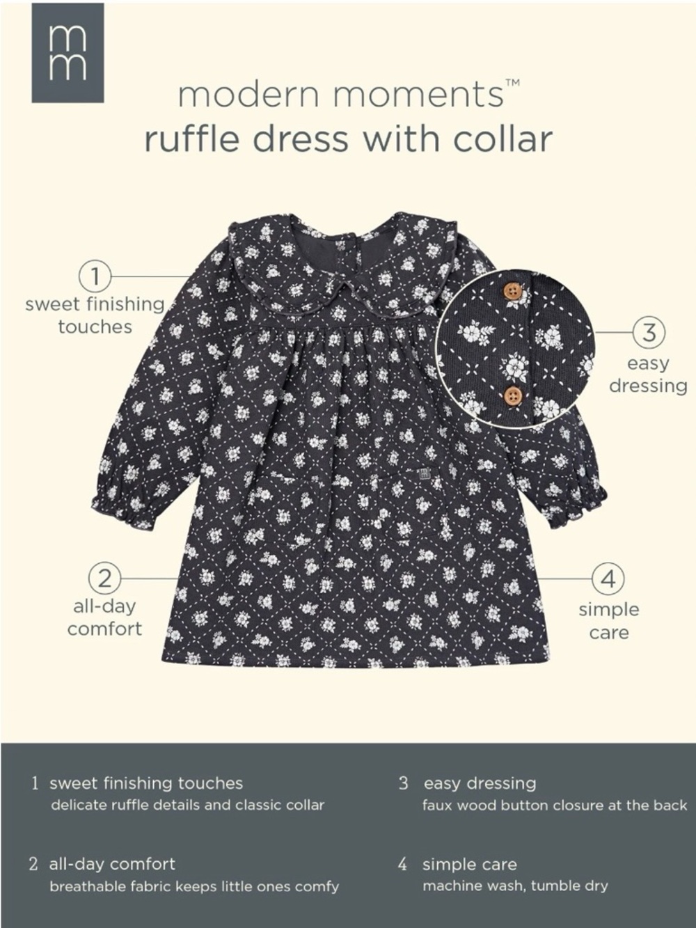 Modern Moments dark grey Floral Ruffle Collar Dress for Girls
